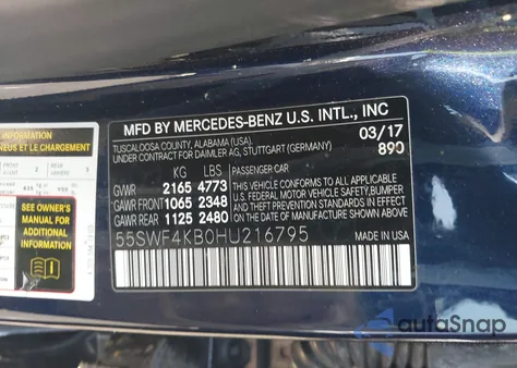 2017 Mercedes-Benz C 300 4Matic/Luxury 4Matic/Sport 4Matic из США, поврежденный, VIN 55SWF4KB0HU216795